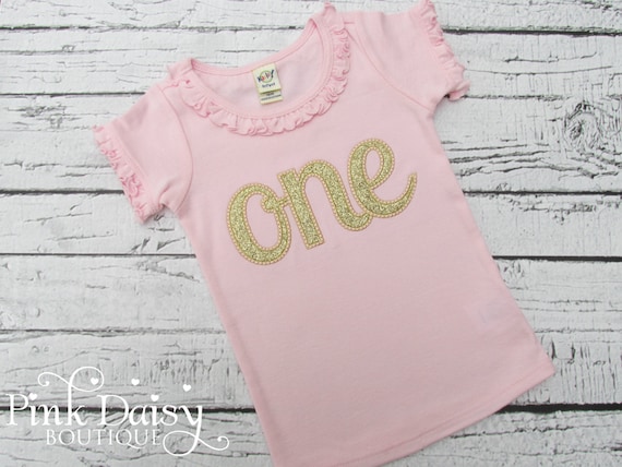 Pink and Gold First Birthday Shirt for Girls - One Shirt - Gold Glitter - Applique Shirt - Embroidered - Embroidery - Ruffles - 1st - Baby Il_570xn