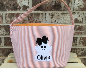 Embroidered Halloween Bag for Girls - Personalized Seersucker Trick or Treat Bag - Monogrammed Halloween Basket - Custom Tote Ghost with Bow