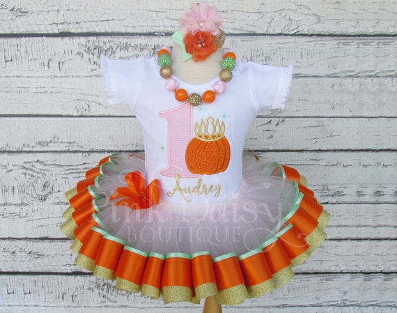 Girls Pink and Gold Pumpkin Princess Birthday Tutu Outfit - Ribbon Trim Tutu Set - Appliqué Shirt - Orange Green - Matching Accessories Il_570xn