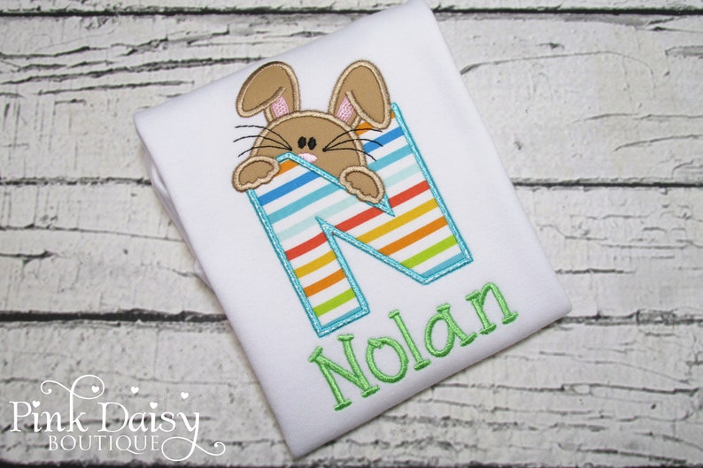 Boys Easter Shirt Initial Personalized Easter Shirt Easter Bunny Peeking Bunny Shirt Easter Applique Shirt Bunny Rabbit Stripe image 1