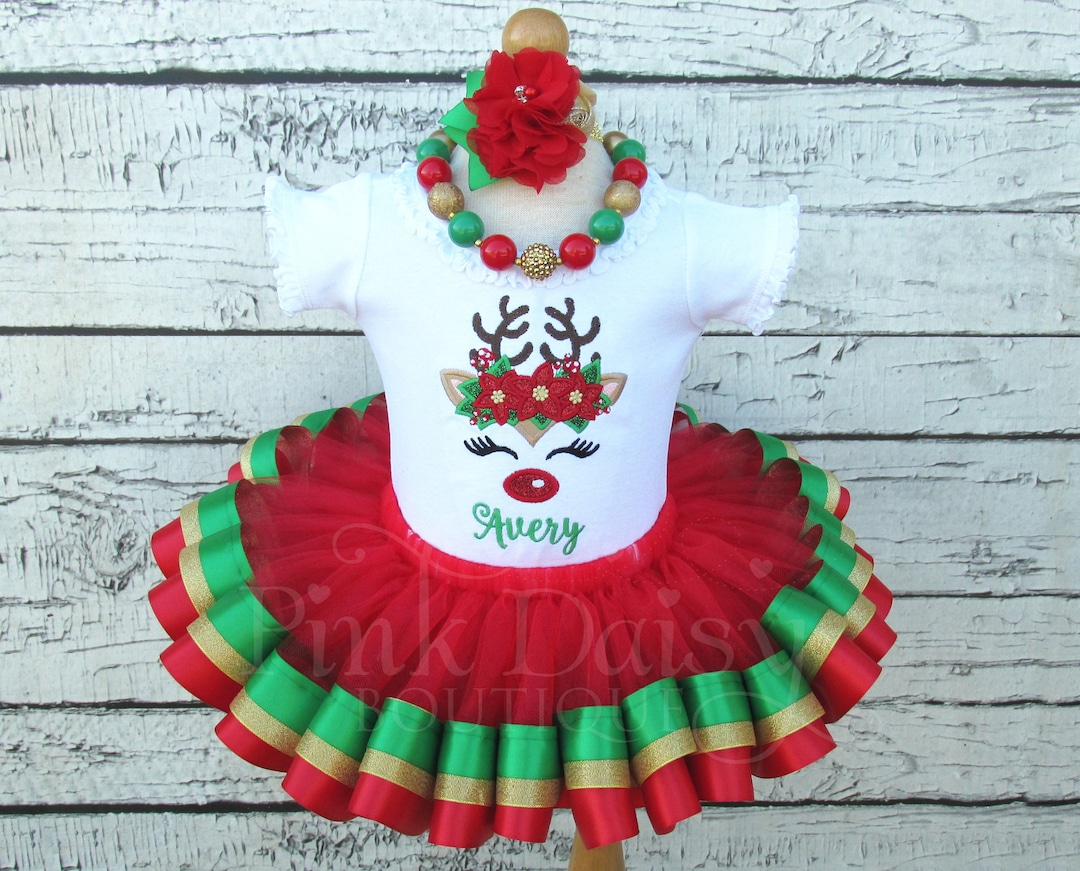 Traje de tutu de Navidad Tutu de ribete de cinta Traje de reno Cara de reno Flores Camisa aplique Vestido de Navidad Oro Ninos pequenos Etsy Mexico