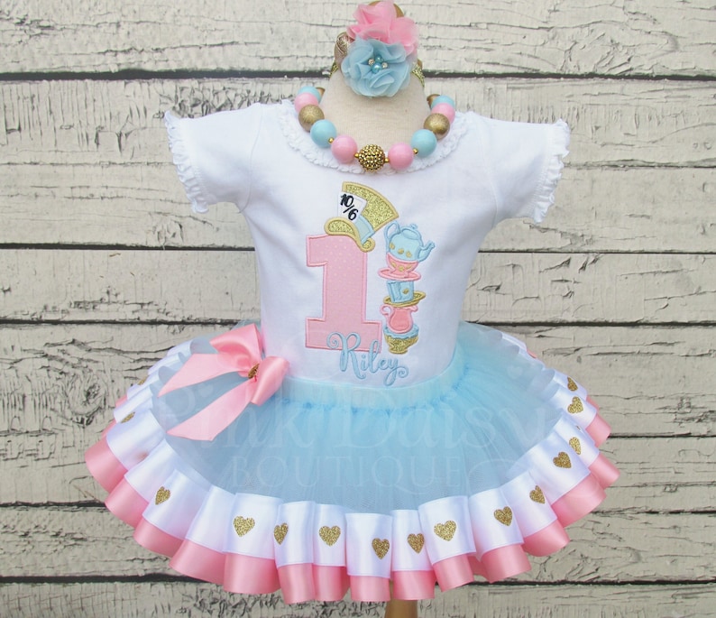 Alice in ONEderland Birthday Outfit First Birthday Tutu Set Wonderland Dress Pink Blue Gold Hearts Tea Ribbon Tutu Personalized image 1