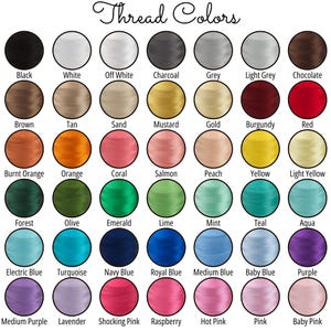a grid of 36 different thread colors, each color represented by a circular shape. The colors include black, white, charcoal, grey, light grey, chocolate, burnt orange, coral, salmon, peach, yellow, light yellow, blue, forest, olive, emerald, lime, mint, teal, aqua, turquoise, navy blue, royal blue, medium blue, baby blue, purple, and hot pink.