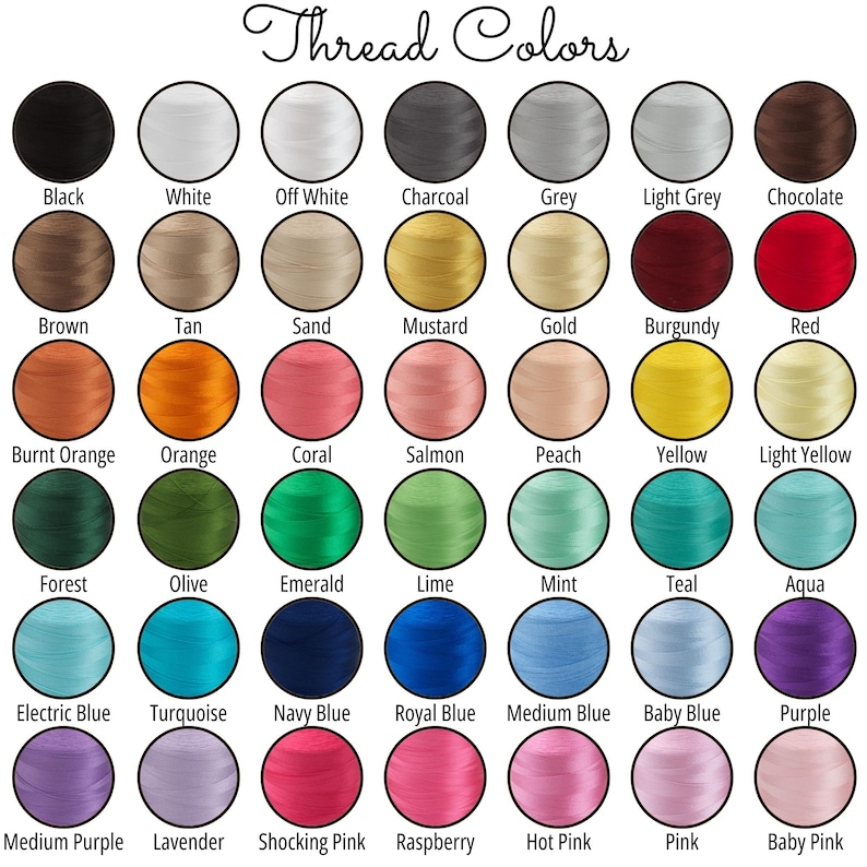 a grid of 36 different thread colors, each color represented by a circular shape. The colors include black, white, charcoal, grey, light grey, chocolate, burnt orange, coral, salmon, peach, yellow, light yellow, blue, forest, olive, emerald, lime, mint, teal, aqua, turquoise, navy blue, royal blue, medium blue, baby blue, purple, and hot pink.