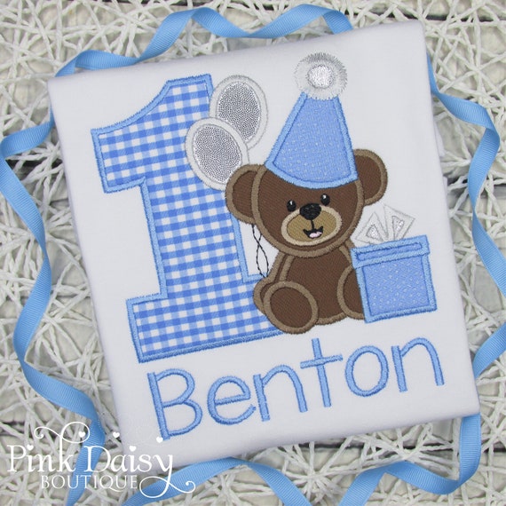 Teddy Bear Birthday Shirt Boy - Boys 1st Birthday Shirt - First Birthday - Embroidered - Monogrammed - Personalized - Appliqué - Baby Boy Il_570xn