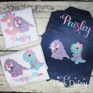 Camiseta de cumpleaños de dinosaurio para niña - Triceratops - Camiseta de cumpleaños de dinosaurio para niña - Traje de 3.er cumpleaños - Brillantina morada - Personalizada - Bordada imagen 5