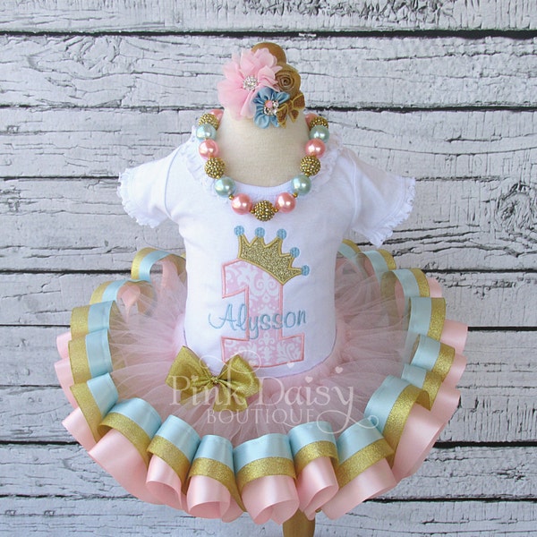 Blue Pink and Gold Princess Outfit - Royal Princess Birthday Tutu Outfit - Ribbon Trimmed Tutu Set - Cinderella Birthday - Applique Shirt