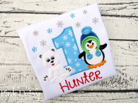 Boys Winter ONEderland Birthday Shirt - Winter Wonderland - Penguin - Polar Bear - Snowflakes - Blue Green Red - Personalized Applique Shirt Il_570xn