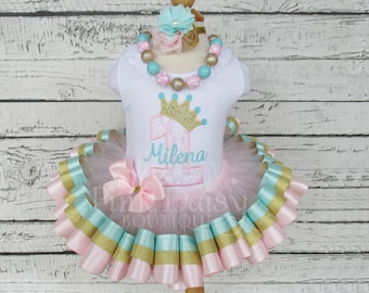 Princess Birthday Outfit - Pink Aqua Gold - First Birthday - Ribbon Trimmed Tutu Set - 1st Birthday Dress - Applique Shirt - Personalized