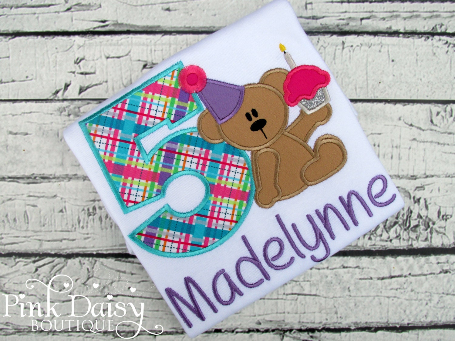 Girls Teddy Bear Birthday Shirt Pink Purple Teal Plaid Bear | Etsy