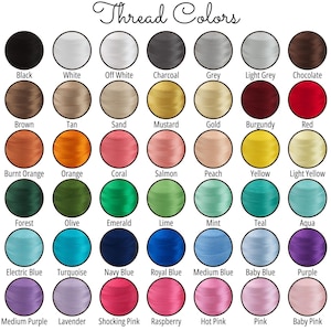 a grid of 36 different thread colors, each color represented by a circular shape. The colors include black, white, charcoal, grey, light grey, chocolate, burnt orange, coral, salmon, peach, yellow, light yellow, green, olive, emerald, lime, mint, teal, aqua, purple, electric blue, turquoise, navy blue, royal blue, medium blue, baby blue, purple, medium purple, lavender, shocked pink, raspberry, hot pink, and baby pink.