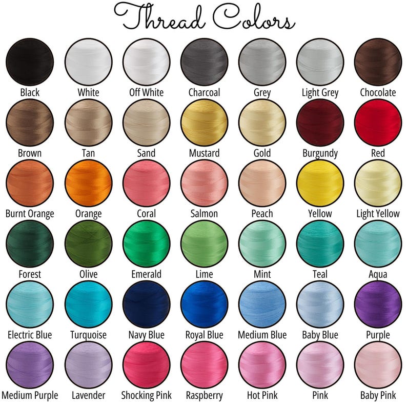 a grid of 36 different thread colors, each color represented by a circular shape. The colors include black, white, charcoal, grey, light grey, chocolate, burnt orange, coral, salmon, peach, yellow, light yellow, green, olive, emerald, lime, mint, teal, aqua, purple, electric blue, turquoise, navy blue, royal blue, medium blue, baby blue, purple, medium purple, lavender, shocked pink, raspberry, hot pink, and baby pink.