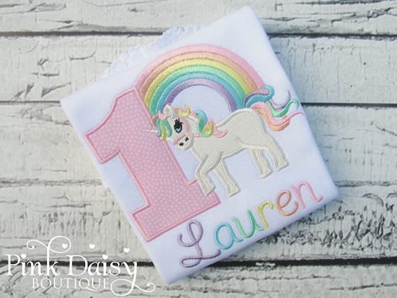 Unicorn Birthday Shirt - Pastel Rainbow - Rainbows and Unicorns - First Birthday Outfit - Applique Shirt - Embroidered Tee - Custom Shirt
