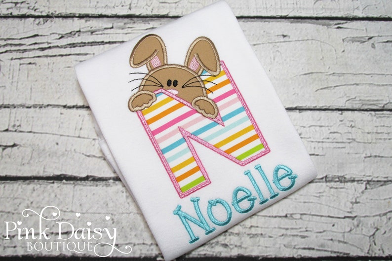 Girls Easter Shirt Initial Personalized Easter Shirt Easter Bunny Peeking Bunny Shirt Applique Shirt Bunny Rabbit Pastel image 1