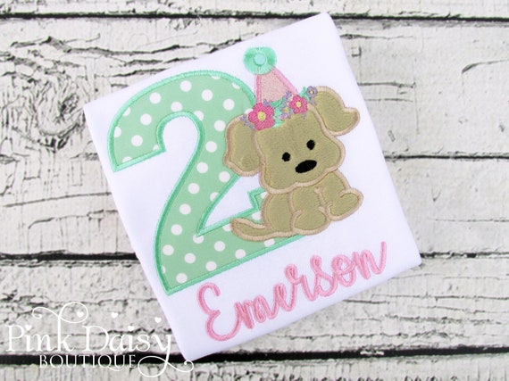 Girls Puppy Dog Birthday Shirt - Puppy Pawty - Mint and Pink - 2nd Birthday Shirt - Doggie Shirt - Flowers - Floral - Personalized Shirt Il_570xn