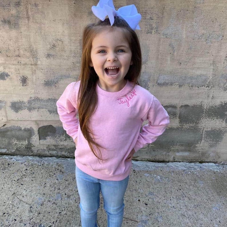 Kids Monogrammed Collar Sweatshirt - Crewneck Sweatshirt with Name on Collar - Chain Stitch - Personalized Sweat Shirt - Embroidered Sweater image 8