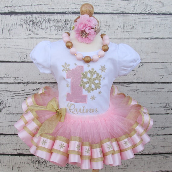 blue dress for baby girl Winter ONEderland First Birthday tutu outfit, pink and gold main image 0