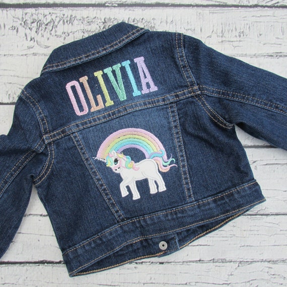 Personalized Jean Jacket for Girls with Unicorn and Rainbow - Denim Jacket with Name - Toddler Girls - Baby Jean Jacket - Embroidered Jacket Il_570xn