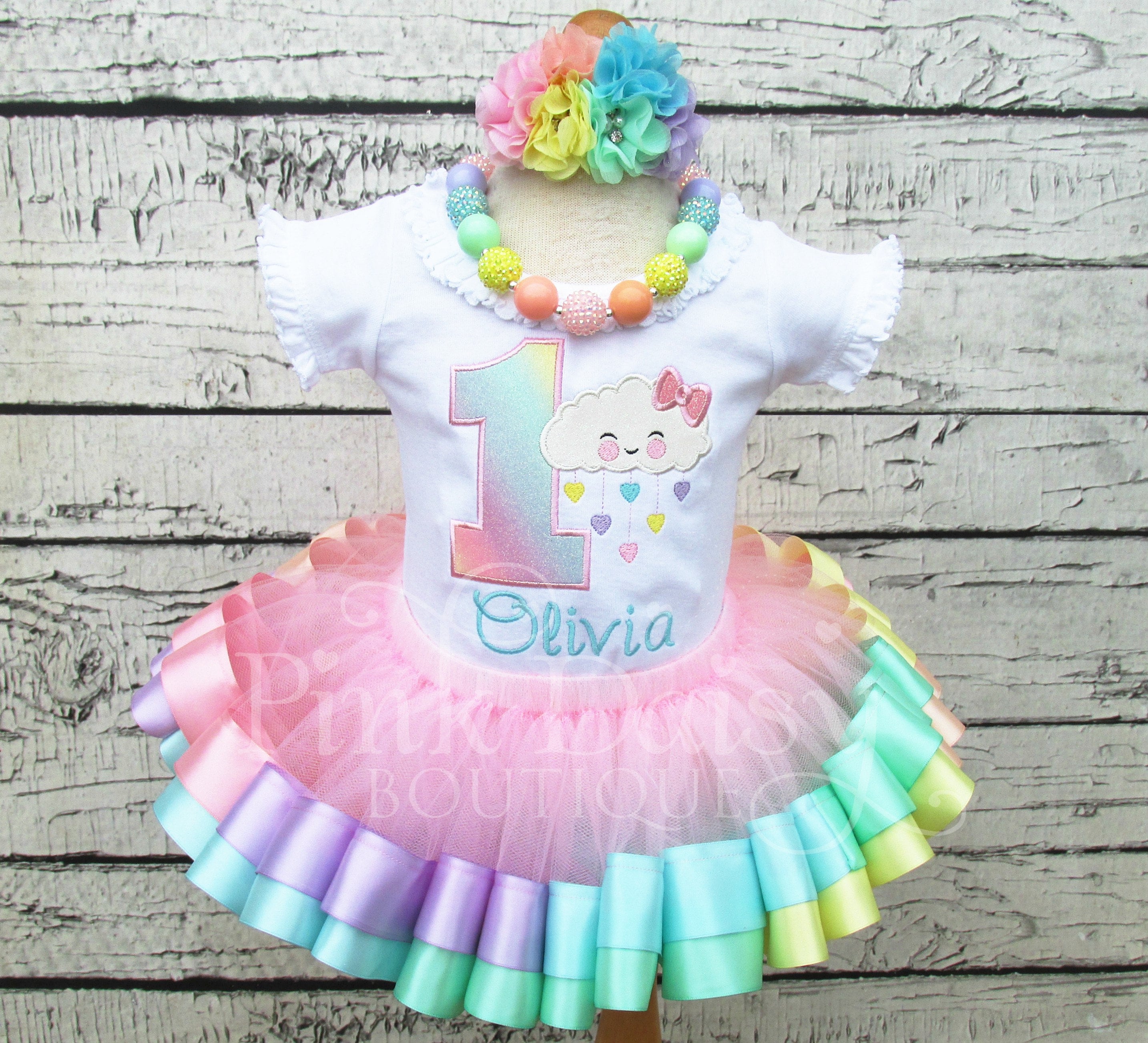 Happy Cloud Birthday Outfit - Kawaii Raining Love With Hearts Pastel Rainbow Ribbon Tutu Applique Shirt 1st