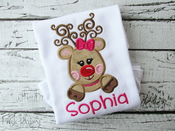 Girl Reindeer Christmas Shirt - Red-Nosed Reindeer Personalized Appliqué Shirt - Baby's First Christmas - Holiday Deer Shirt - Rudolph Shirt