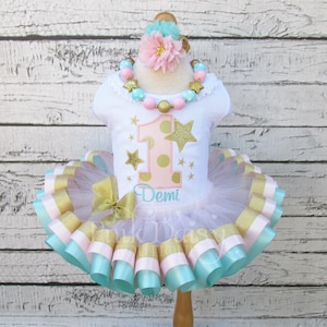 Twinkle Little Star First Birthday Outfit Girl - Twinkle Star Tutu - Ribbon Trim Tutu - Applique Shirt - 1st Birthday Dress - Aqua - Bday
