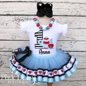 Alice in Wonderland Birthday Outfit - Alice in ONEderland Tutu - Blue Black Red Hearts - Tea Party - First Birthday - Ribbon Trimmed Tutu
