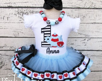 Alice in Wonderland Birthday Outfit - Alice in ONEderland Tutu - Blue Black Red Hearts - Tea Party - First Birthday - Ribbon Trimmed Tutu