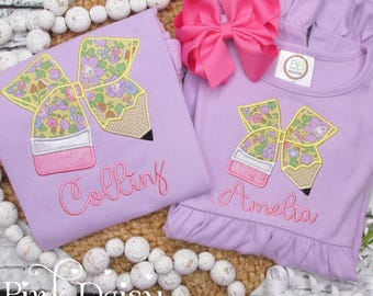 Back to School Outfits Girl - First Day of School Dress - Monogrammed Shirt - Coquette Pencil Bow - Embroidered - Floral - Personalized Gift