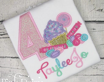 Candy Birthday Shirt - Sweet to be 4 - Fourever Sweet - Pastel Glitter - Sweets - Candies - Candyland - Appliqué Shirt - Embroidered Tee