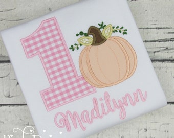 Pumpkin Birthday Shirt - Pink Gingham - Pink Peach - First Birthday Appliqué Shirt - 1st Birthday - Our Little Pumpkin - Embroidered Tee