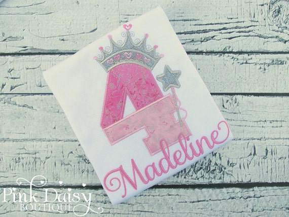 Princess Birthday Shirt - Pink and Silver - Fourth Birthday - 4th Birthday - Applique Shirt - Embroidered Tee - Fairy Princess Birthday Top Il_570xn