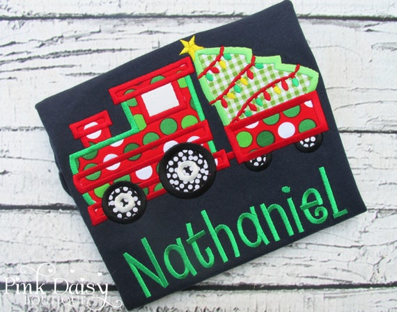 Boys Christmas Shirt - Train - Christmas Tree - Choo Choo - Polka Dots - Red Green - Navy Blue - Personalized - Applique Shirt or Bodysuit Il_570xn