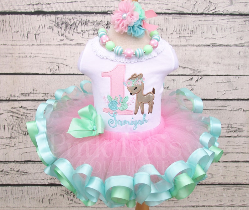 Baby Deer Woodland Fawn Birthday Tutu Outfit Personalized Pink Mint Aqua Wild ONE Ribbon Trim Tutu Set First Birthday Dress