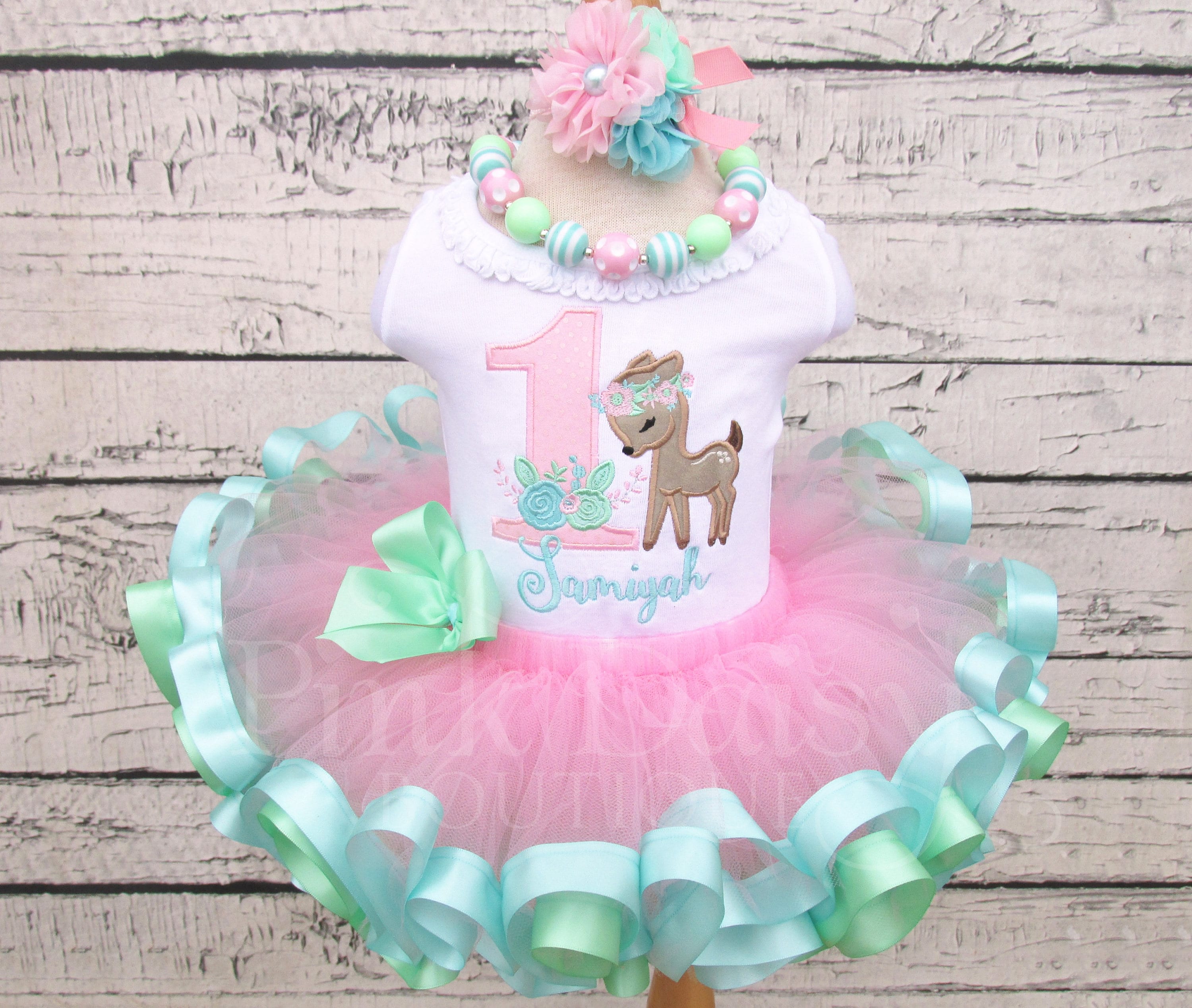 Woodland Fawn Birthday Tutu Outfit - Ribbon Trim Set Baby Deer Wild One First Dress Pink Mint Aqua Personalized