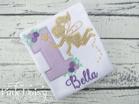 Girls Birthday Shirt - Fairy Birthday Shirt - Purple Lavender Gold Fairy Silhouette - Woodland Pixie - Appliqué Shirt - Floral - Roses Il_570xn