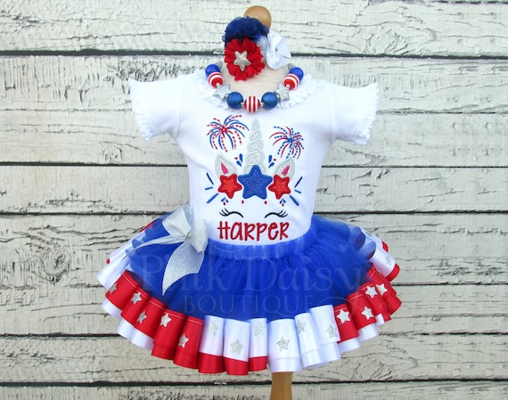 4th of July Unicorn Tutu Outfit Stars Red White Blue Silver