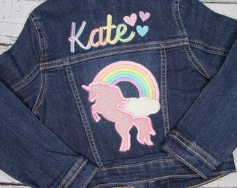 Personalized Jean Jacket for Girls with Unicorn and Rainbow - Denim Jacket with Name - Toddler Girls - Baby Jean Jacket - Embroidered Jacket