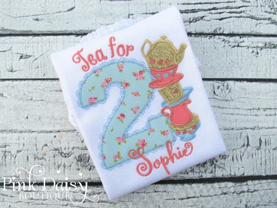 Tea for TWO Birthday Shirt - Tea Party - Blue Coral Gold - Teacups - Mad Hatter - Alice in Wonderland - Second Birthday - Floral - Roses Il_570xn