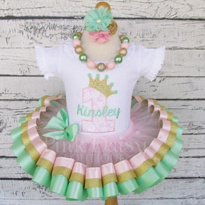Mint Pink Gold Birthday Outfit - First Birthday Dress - Ribbon Trimmed Tutu - Applique Shirt - Princess Birthday Tutu - 1st Birthday Outfit