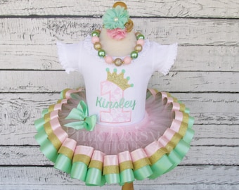 Mint Pink Gold Birthday Outfit - First Birthday Dress - Ribbon Trimmed Tutu - Applique Shirt - Princess Birthday Tutu - 1st Birthday Outfit