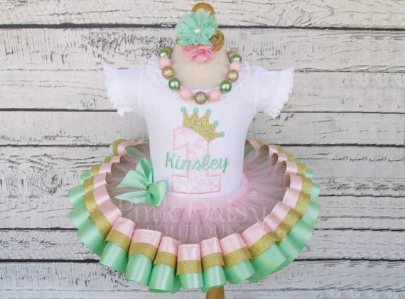Mint Pink Gold Birthday Outfit - First Birthday Dress - Ribbon Trimmed Tutu - Applique Shirt - Princess Birthday Tutu - 1st Birthday Outfit Il_570xn