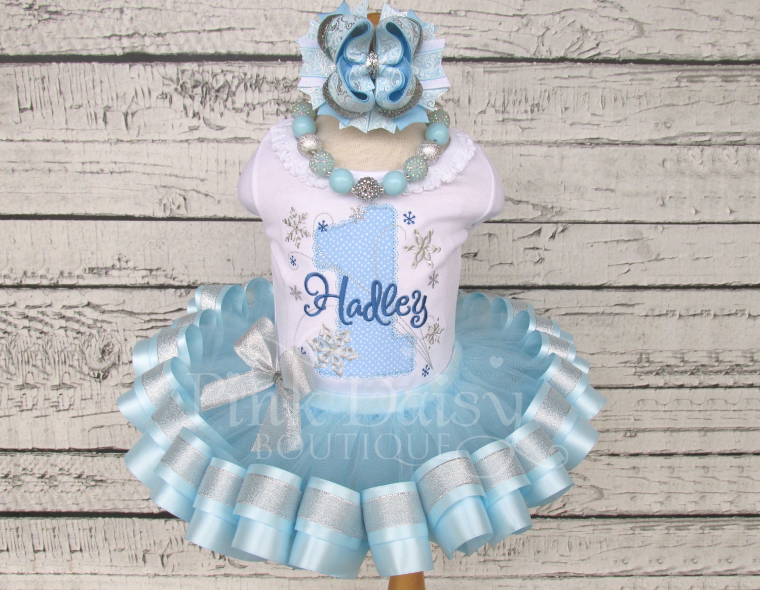 Blue and Silver Snowflake Birthday Outfit - Ribbon Trimmed Tutu Outfit - Winter Wonderland Tutu Set - First Birthday Winter ONEderland Dress