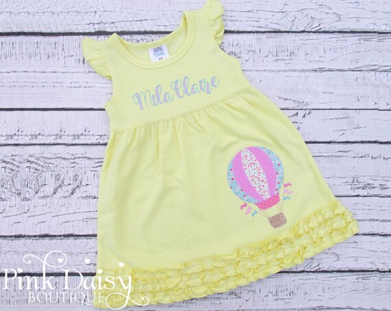 Girls Hot Air Balloon Appliqué Dress - Personalized Dress - Yellow Dress - Floral Hot Air Balloon - Embroidered Girls Dress - Vintage Stitch Il_570xn