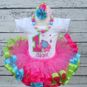 Elephant Birthday Outfit Fun to Be One Wild at One Pink Lime Green Turquoise Blue Ribbon Trimmed Tutu First Birthday Tutu Outfit image 1