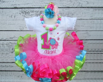 Elephant Birthday Outfit - Fun to Be One - Wild at One - Pink Lime Green Turquoise Blue - Ribbon Trimmed Tutu - First Birthday Tutu Outfit