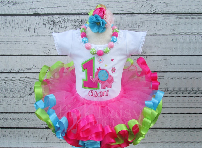 Elephant Birthday Outfit Fun to Be One Wild at One Pink Lime Green Turquoise Blue Ribbon Trimmed Tutu First Birthday Tutu Outfit image 1