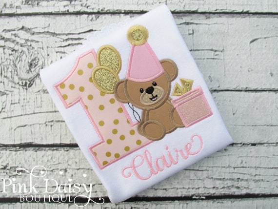 Pink and Gold Teddy Bear Birthday Shirt - Girls Birthday Shirt - Teddy Bear Shirt - Presents - Balloons - Teddy Bear Theme - Applique Shirt Il_570xn