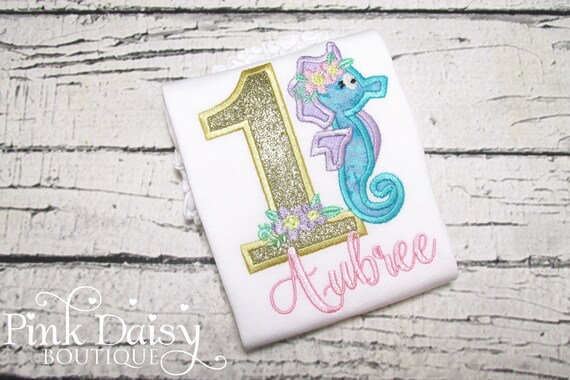 Seahorse Birthday Shirt - Ocean - Floral - Flowers - Gold - Personalized Shirt - Applique Shirt - Under the Sea - First Birthday Shirt - 1st Il_570xn