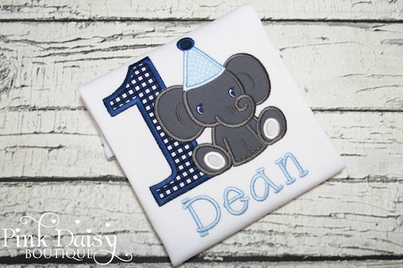 Boys Elephant Birthday Shirt - Elephant Shirt for Boys - Boys Birthday Tee - Applique Shirt - Navy Blue Gingham - First Birthday - 1st Bday Il_570xn