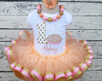 Sweetie Pie Birthday Outfit - Ribbon Trim Tutu Set - Peach Pink Gold - First Birthday Outfit - Personalized - Monogrammed Outfit for Girls